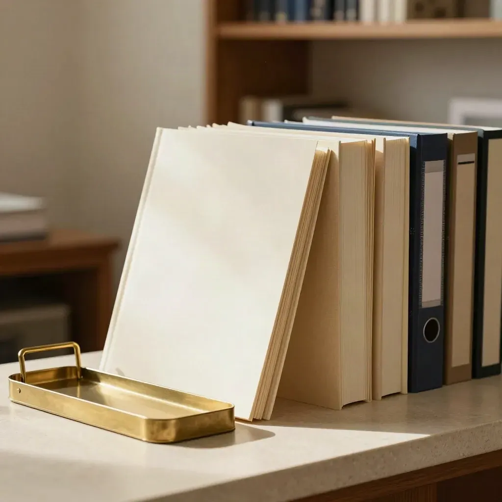 Brass filing tray with stacked publisher binders on a cream counter in soft daylight.