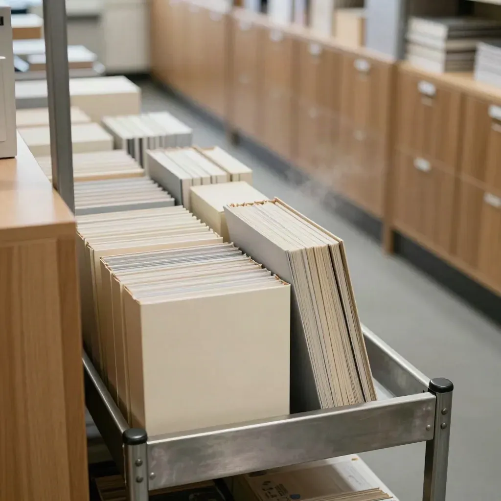 Archive boxes on a rolling cart settle in a bright magazine archive aisle.