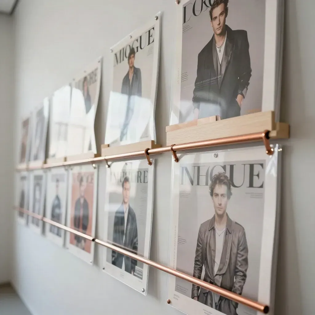 Low-angle gallery wall of magazine cover proofs in archival sleeves with a copper accent.