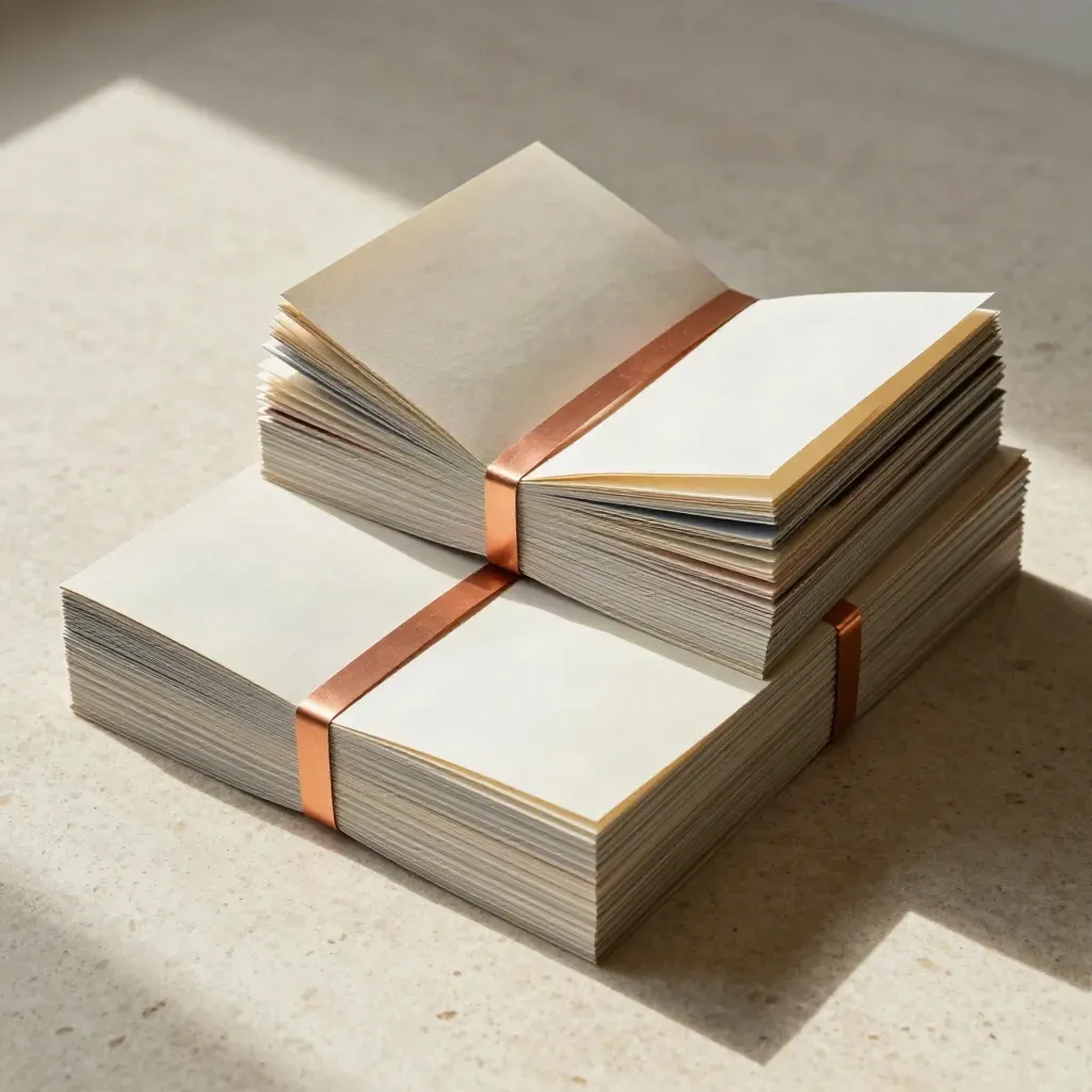 Top-down archival magazine bundles fanned open on pale stone with copper tie bands.