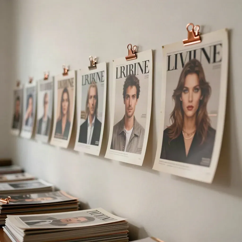 Clipped magazine cover proofs on a pale archive wall with copper clips