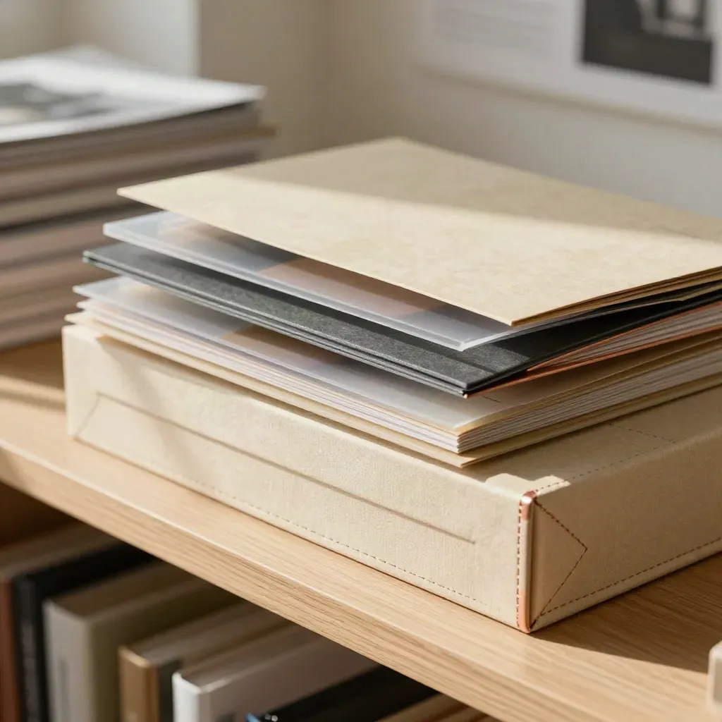 Archive folders and profile cards in clear sleeves beside a stacked box in warm window light.