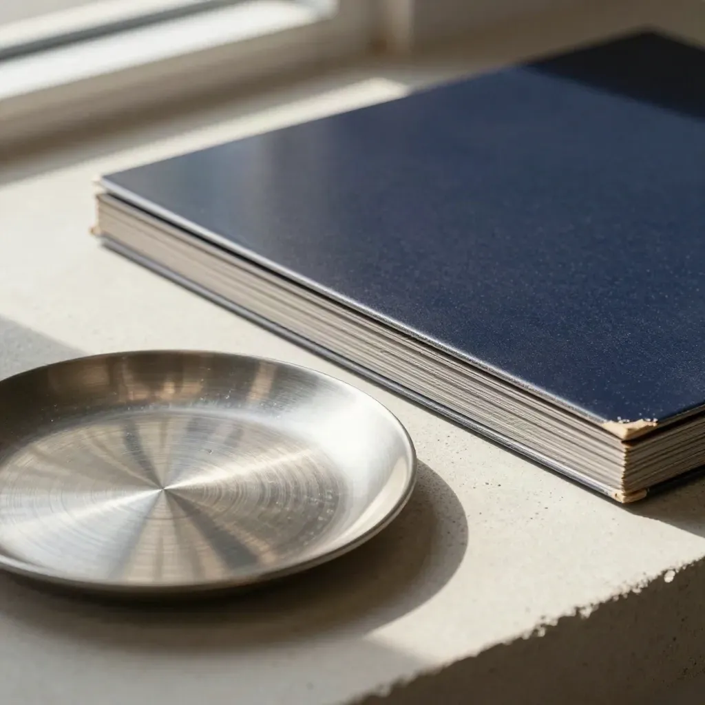 Music magazine stack, vinyl sleeve, and brushed-metal dish on stone in soft side light